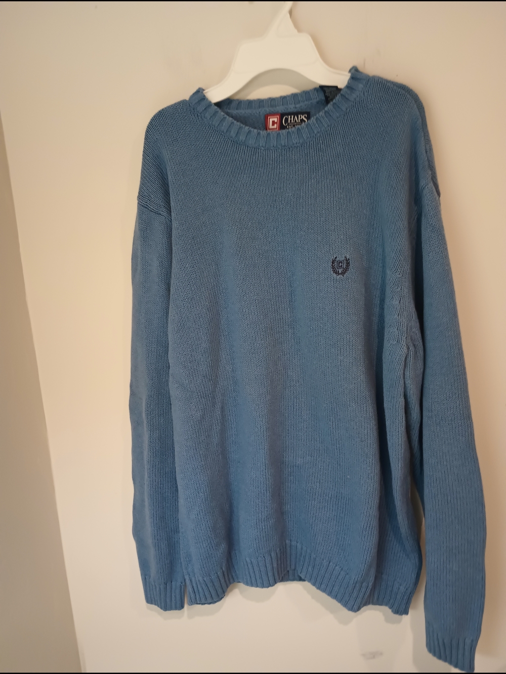 Chaps Mens Sweater Large Blue 100% Cotton Crew Neck Shaker Knit Pullover L Blue